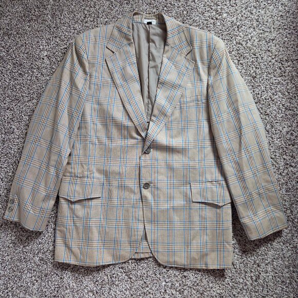 Vintage Blazer Mens 42R Tan Blue Plaid Jacket Sport Coat Unlined Hong Kong 1970s - Picture 1 of 8